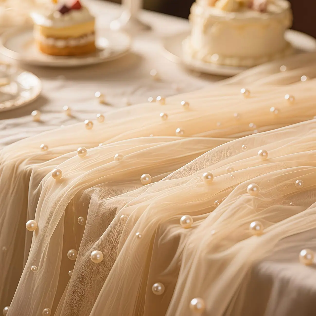 Elegant Champagne Pearl Sheer Table Runner, Multiple Sizes Available, Perfect for Wedding Decor, Party Decoration, Valentine's Day, Spring Outdoor Weddings