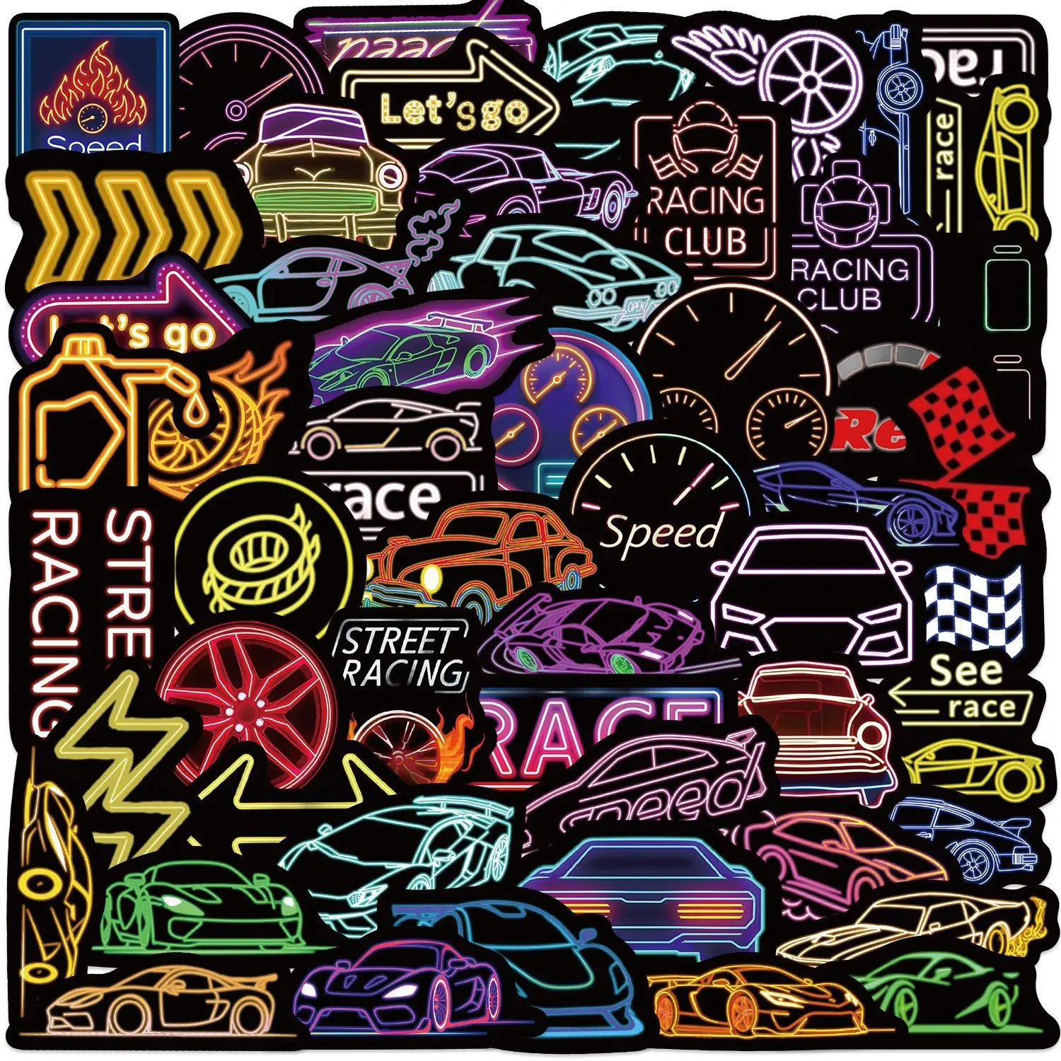 50 New Neon Racing Graffiti Stickers, Waterproof Decorative Stickers for iPad, Luggage, Notebook, DIY Journal, Creative Accessories
