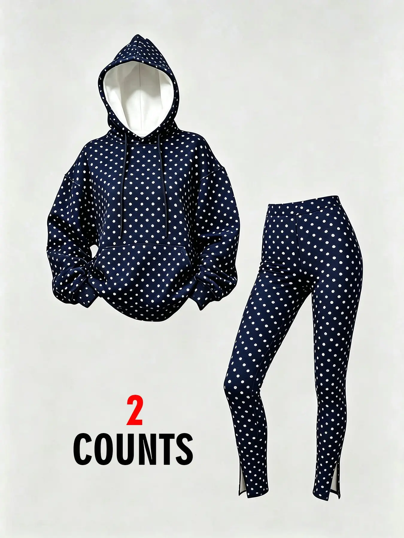 Women Navy Polka Dot Cropped Hoodie & Slim Pants Two-Piece, Casual Fitted Style, Spring Fall Fashion, Classic 2000s Trend