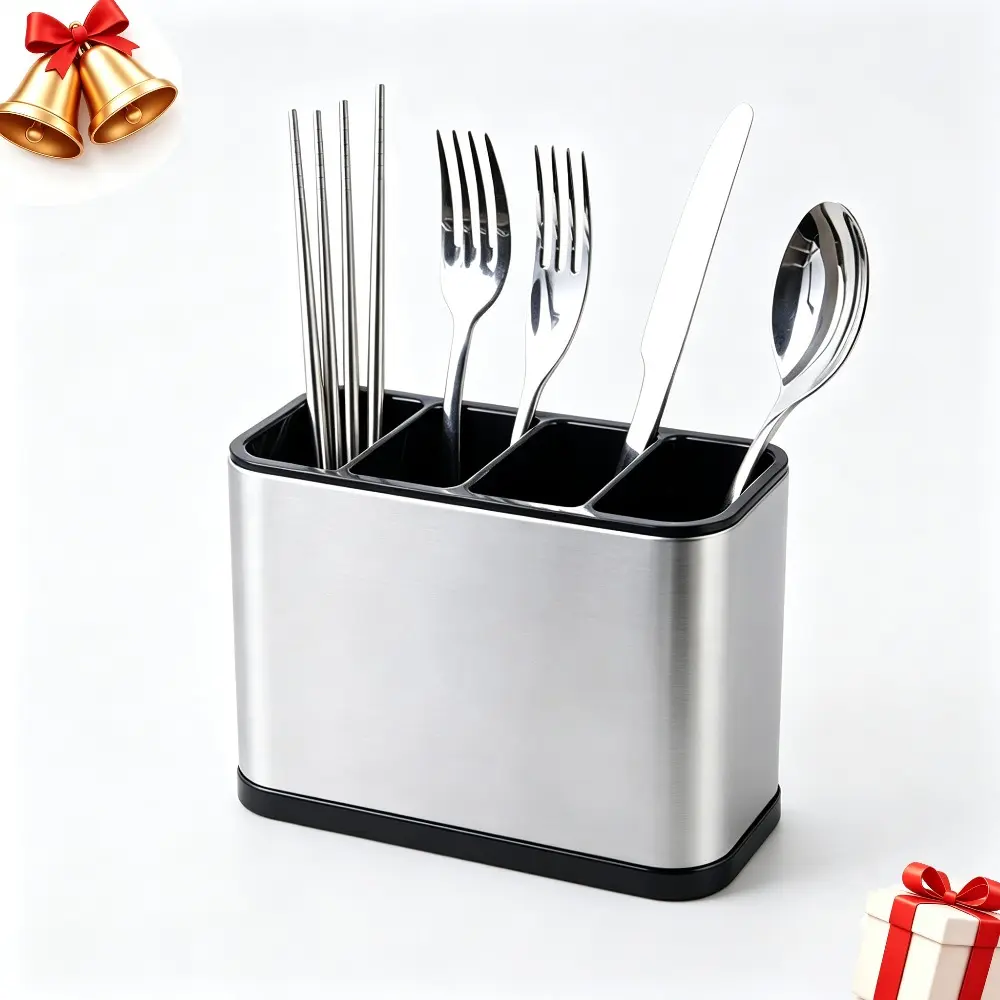 Kitchen Stainless Steel Utensil Holder - 1 Divided Bins Caddy with 4 Compartments, Sturdy Rust-Proof Home Organizer Storage Solution
