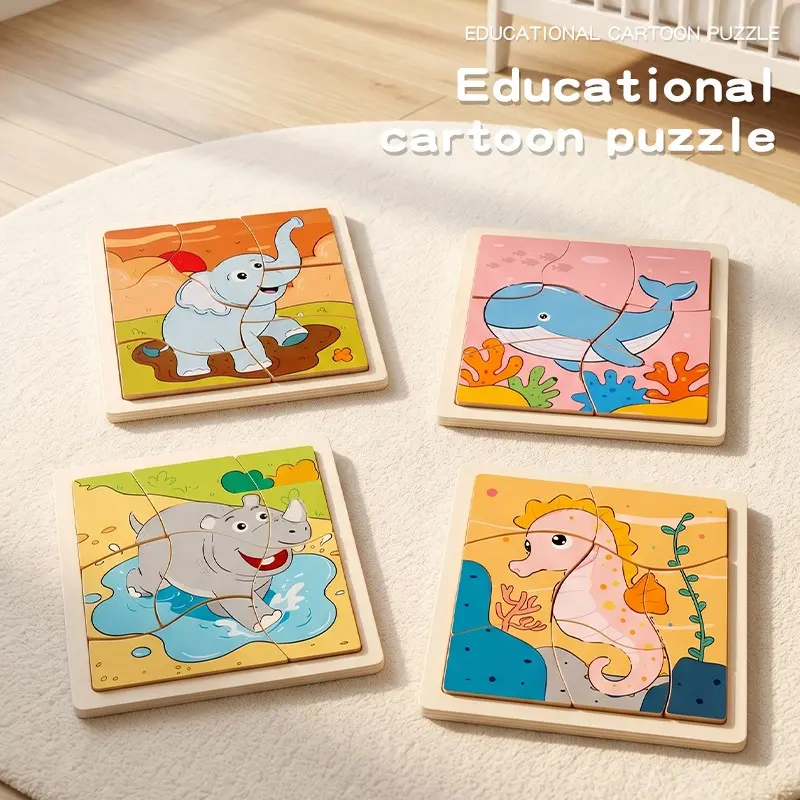 Wooden Ocean Animal Puzzle Set, Hippo Seahorse Dolphin Elephant, 4 Options, Early Learning Educational Toy for Toddlers and Babies, Toddler Puzzles