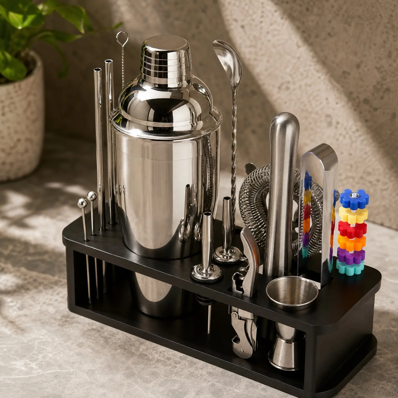 22-Piece Cocktail Shaker Set, Mixology Bartender Kit with 24oz Cobbler Shaker, Home Bar Tool Set with Black Bamboo Stand, 39 Recipe Cards, Glass Markers, Gift for Men & Dad