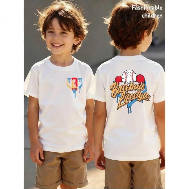 Young Boys' T-Shirts, "Baseball Lifestyle" Baseball Theme Printed Boys' Short-Sleeved T-Shirts, Round Neck Casual T-Shirts, Soft Material,Suitable For Sports And Leisure Wear, Short-Sleeved T-Shirts for Spring/Summer, Suitable For Travel And Daily Wear