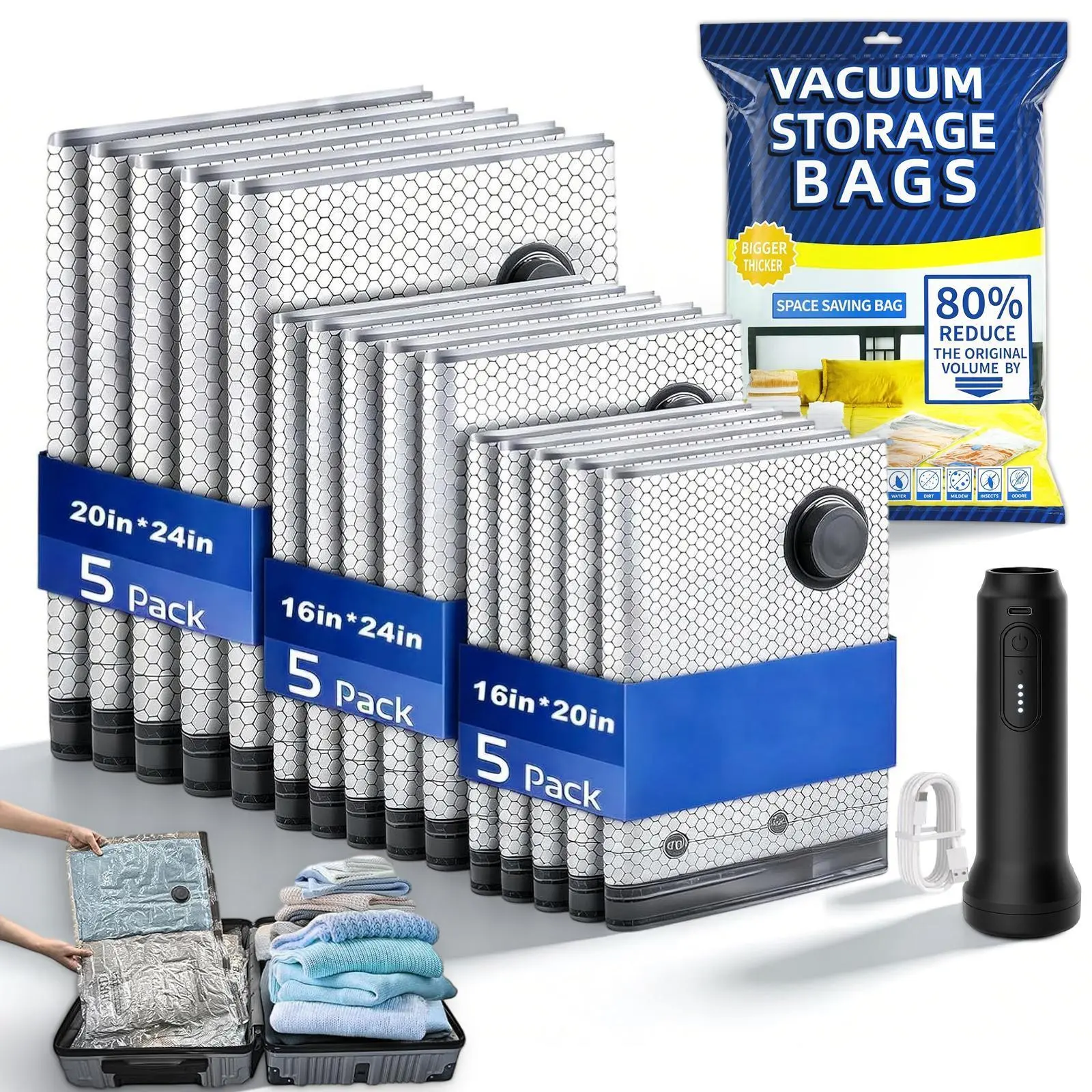 15-Pack PA+PE Fabric Dual-Zipper Seal Space Saver Bags with Rechargeable Pump - Lightweight Palm-Sized Travel Pouches, Portable Home/Travel Organizer, Fits 20" Luggage, Stores Clothing & Essentials, Lightweight Travel Pouch