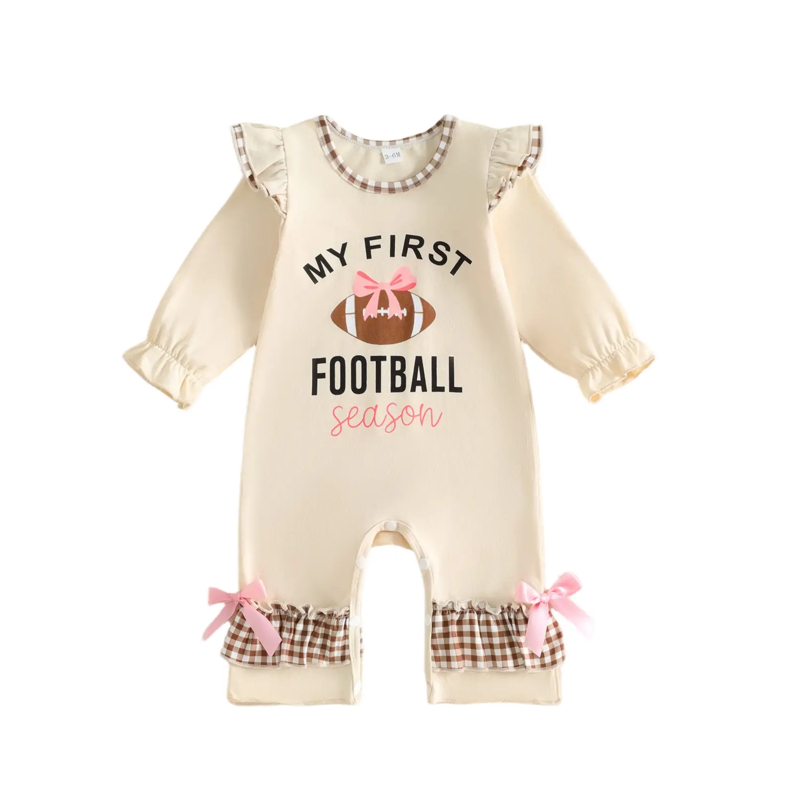 Infant Baby Girl Football Print Ruffled Long Sleeve Romper with Bow Accents - 1-Piece Bodysuit, Long Sleeve Shirt, One-Piece