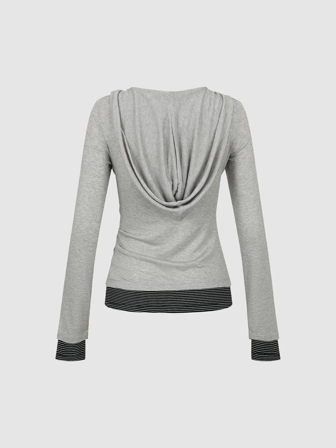 URBAN REVIVO 2026 Spring Women's Trendy Draped Neck Ruched Fake Two-Piece Panel Striped Lyocell T-Shirt