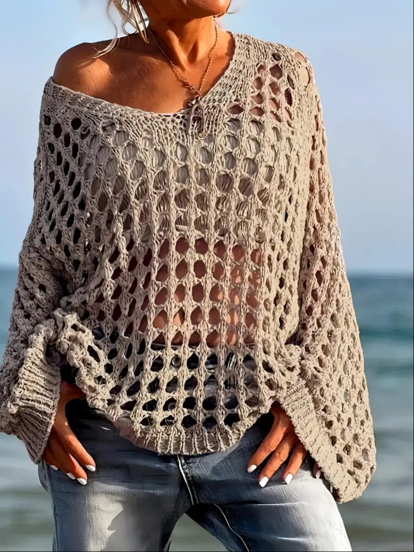 Women's Casual Style Everyday Loose-Fit Baggy V Neck Top, Lightweight, Hollow Out Design, Polyester Knit Fabric, Hand Washable, All Season Wear, Knitwear, Summer, Knitting