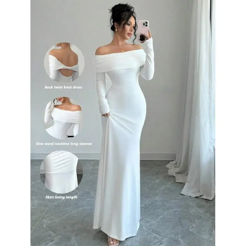 Elegant Fitted Long Sleeve Cinched Waist Double Layer Off-Shoulder Backless Twist Fishtail Hem Ribbed Knit Dress White Autumn Winter Maxi Women Outfit Fabric Formal with Zipper and Ruched Detail Womenswear Workwear Floral Print Spaghetti Strap Midi D