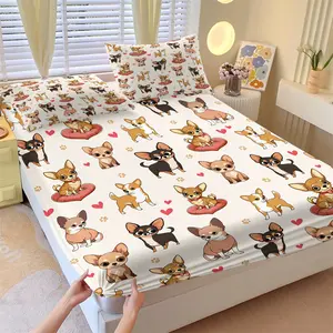 White Base Cute Heart Chihuahua Cartoon Print Fitted Sheet set, 1 Fitted Sheet + 2 Pillowcases, Soft Breathable Skin-Friendly Bedding, All Season Use, Deep Pocket Mattress Cover For Kids, Teens, Adults & Dog Lovers Bedroom