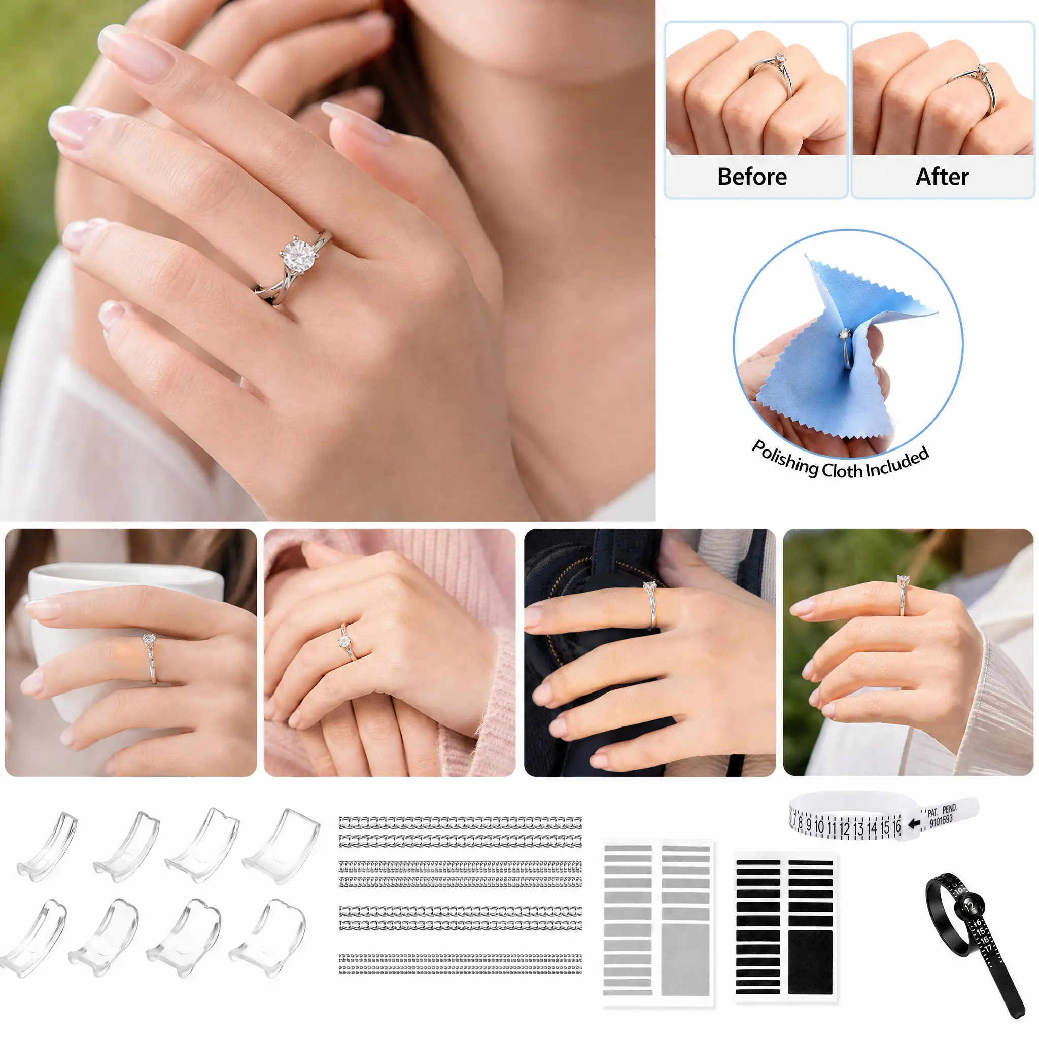 21Pcs Hidden Ring Resizer for Loose-Fitting Rings, Unisex Adjustable Ring Tightener Set with Cushion Inserts, Spiral Wraps & Sizing Strips, Downsizes Rings 0.5 to 1 Size, Fits 1-10mm Ring Bands, Anti-Spin Ring Size Reducer