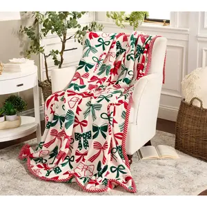 Christmas Bow Print Flannel Throw Blanket – Soft Cozy Red & Green Holiday Blanket for Sofa, Chair, Couch & Bed, Warm Fleece Home Decor, Christmas Gift