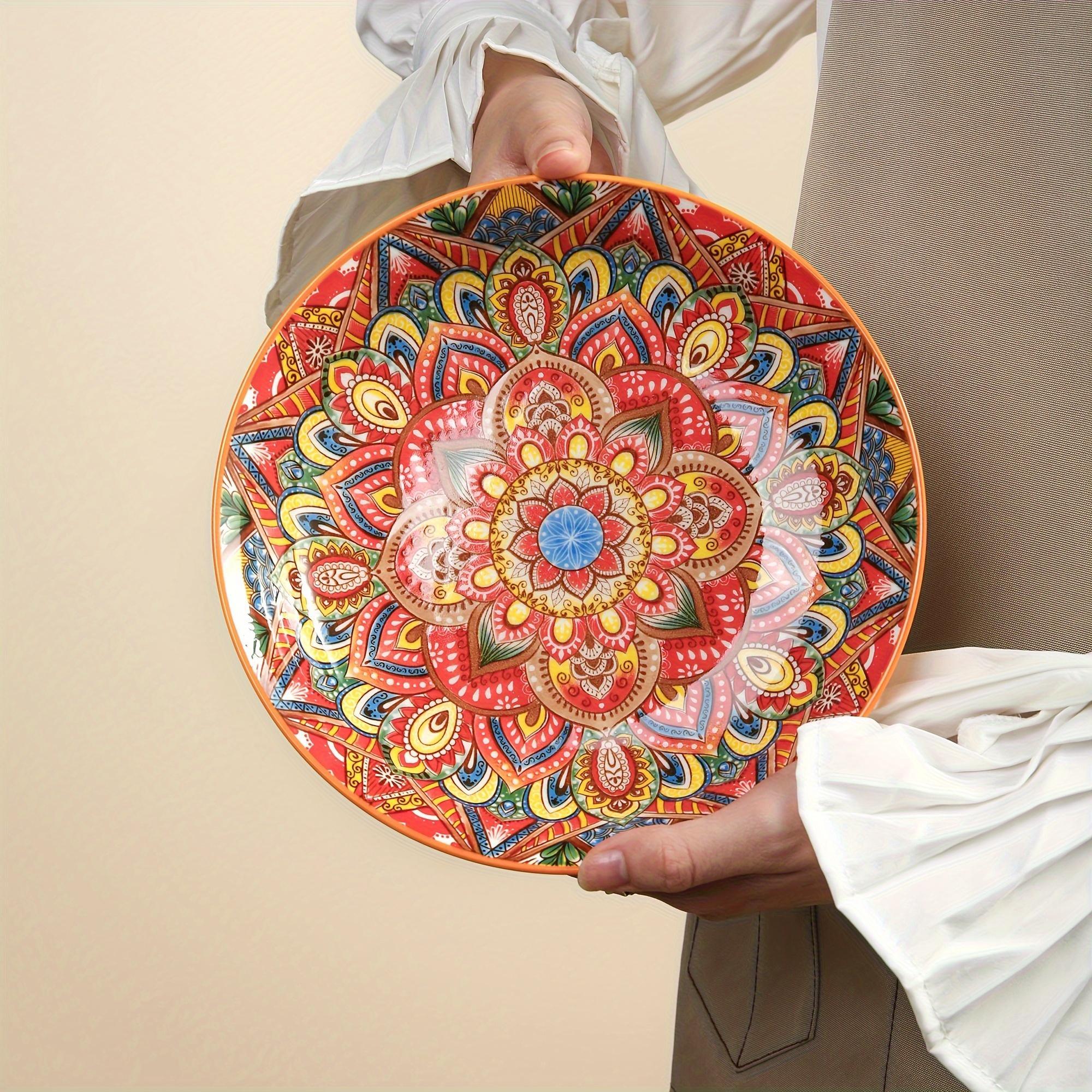 Bohemian Style Floral Pattern Ceramic Dinner Plate Set, 4 Counts/set Creative Dish Plate, Large Deep Plate for Home and Restaurant Use, Salad Serving Plates