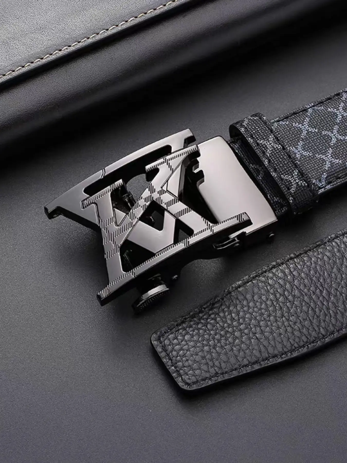 Men's Automatic Buckle Belt, Fashion Business Belt, Luxury Rhombus Print Alloy Letter Buckle, Business Casual Waistband, Versatile Suit Pants Belt for Young Adults