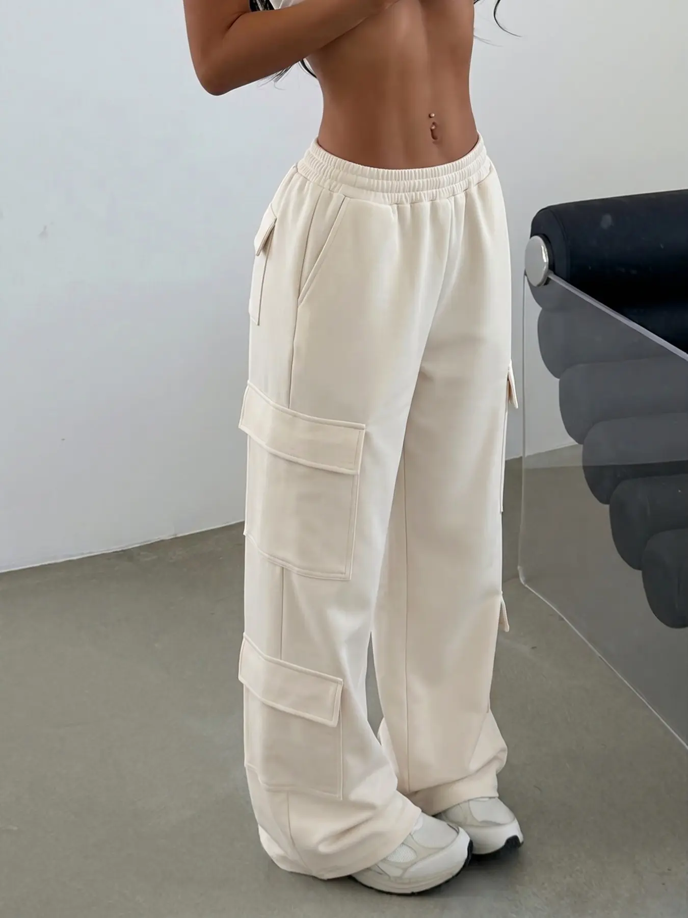 Cargo Pants High Waisted Wide Leg Joggers Elastic Waist Adjustable Multi Pocket Streetwear Casual Y2K Baggy Sweatpants Drawstring Loose Fit Fashion Trousers Sporty Athleisure Going Out Vacation Comfy Minimal Chic Women's White Bottoms