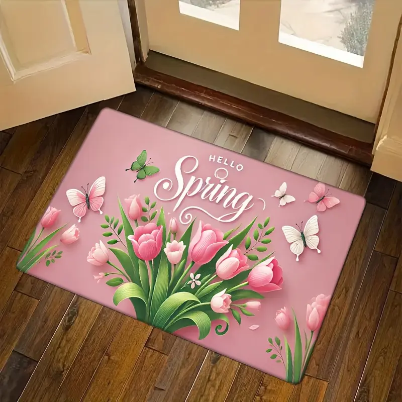 Pink Spring Tulip Floral Polyester Door Mat - 1 Piece, Flannel, Non-Slip, Machine Washable, Absorbent, Butterflies Design, Indoor-Outdoor Use, Home Decor Accessory, Indoor Outdoor Rugs, 2D Printing
