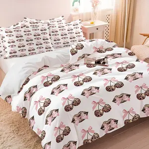 Sweet Pink Bow Leopard Cherry & Lips Bedding Set, 1 Duvet Cover + 1/2 Pillowcases, No Core, HD Vivid Print, Coquette Aesthetic Leopard Cherry & Lip Design, Skin Friendly Bedding for Stylish Room Decor