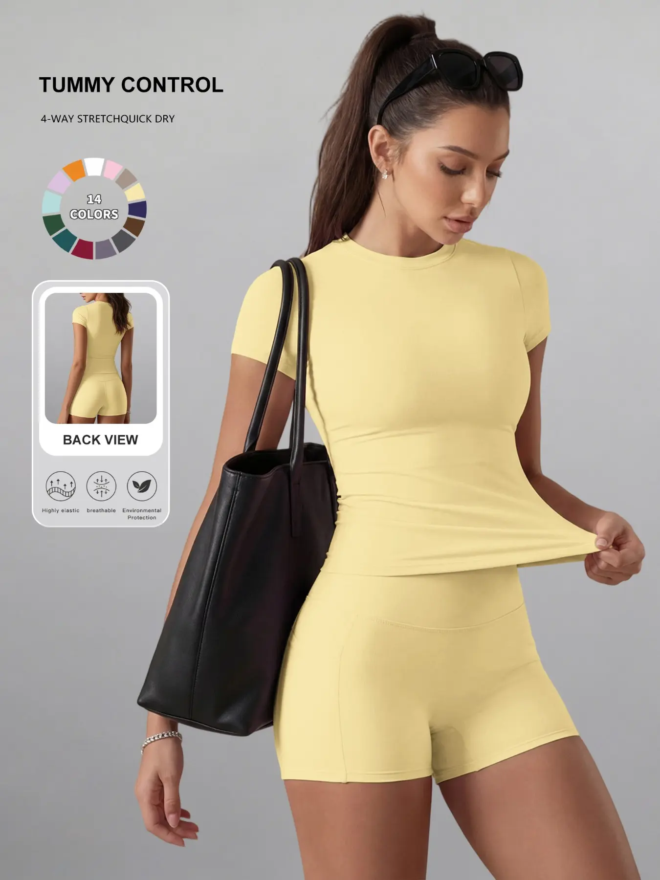 Women's Plain Suit, Round Neck T-Shirt Top, High Waist Short Pants, Yoga Fitted Sportswear Set, Abdominal Control, Multi-Color Options, Gym Shorts Set