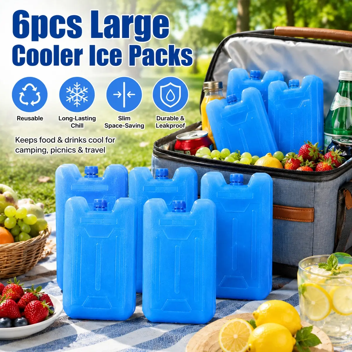 6PCS Large Reusable Cooler Ice Packs, Slim Space-Saving Freezer Packs with Sealed Leak-Resistant Design, Long Lasting Cold Packs, Freezer Packs for Cooler Bags, Lunch Boxes, Bento, Food, Drinks, Refrigerator, Beach, Camping, Picnic and Cold Transport