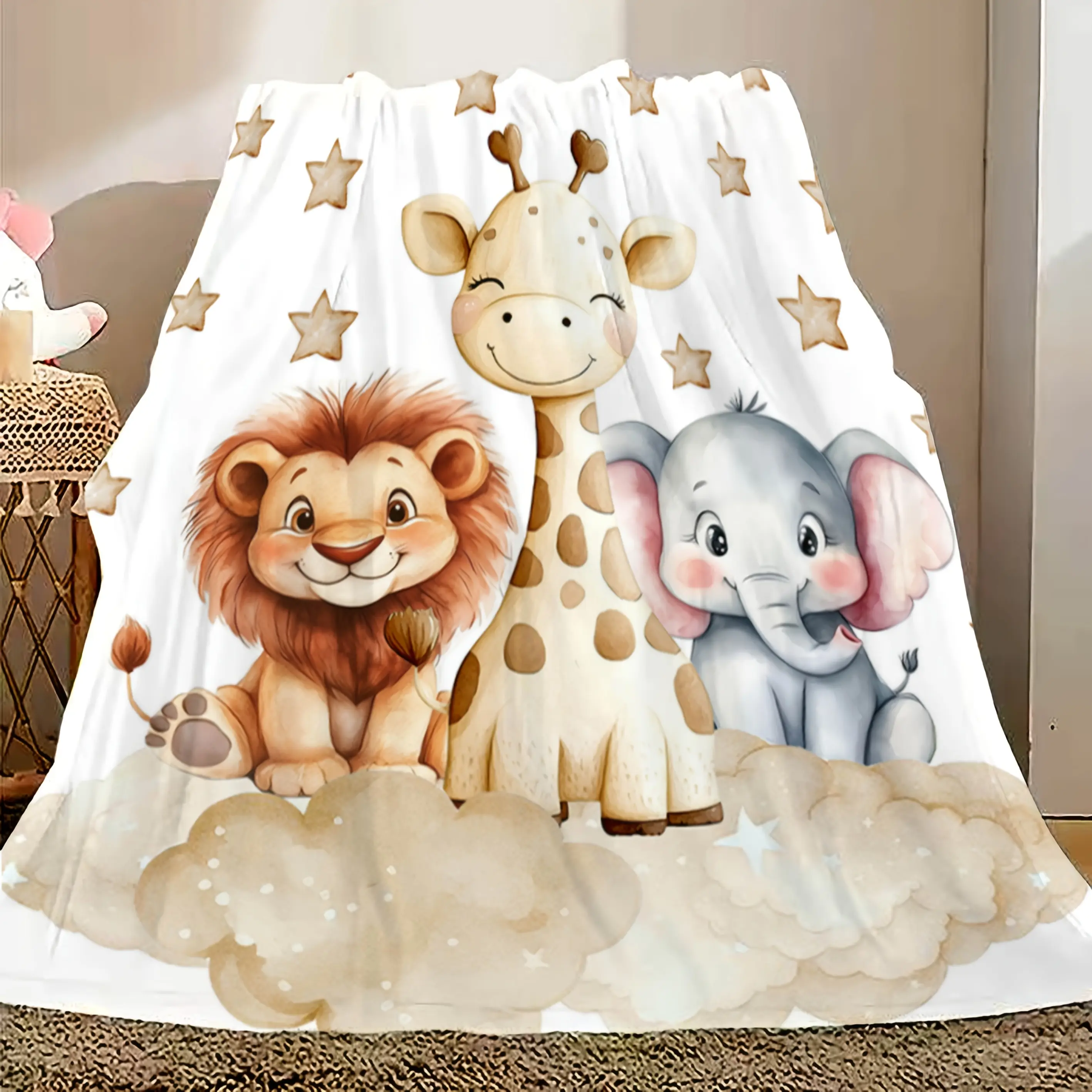 1pc 280GSM Retro Digital-Printed Flannel Blanket - Animal Motifs (Giraffe, Lion, Elephant) with Cloud & Star Patterns, Soft, Comfortable, Durable, Wrinkle-Resistant, Anti-Tear, Fade-Resistant, Machine Washable, Ideal for Children, Sofas, Christmas Gifts