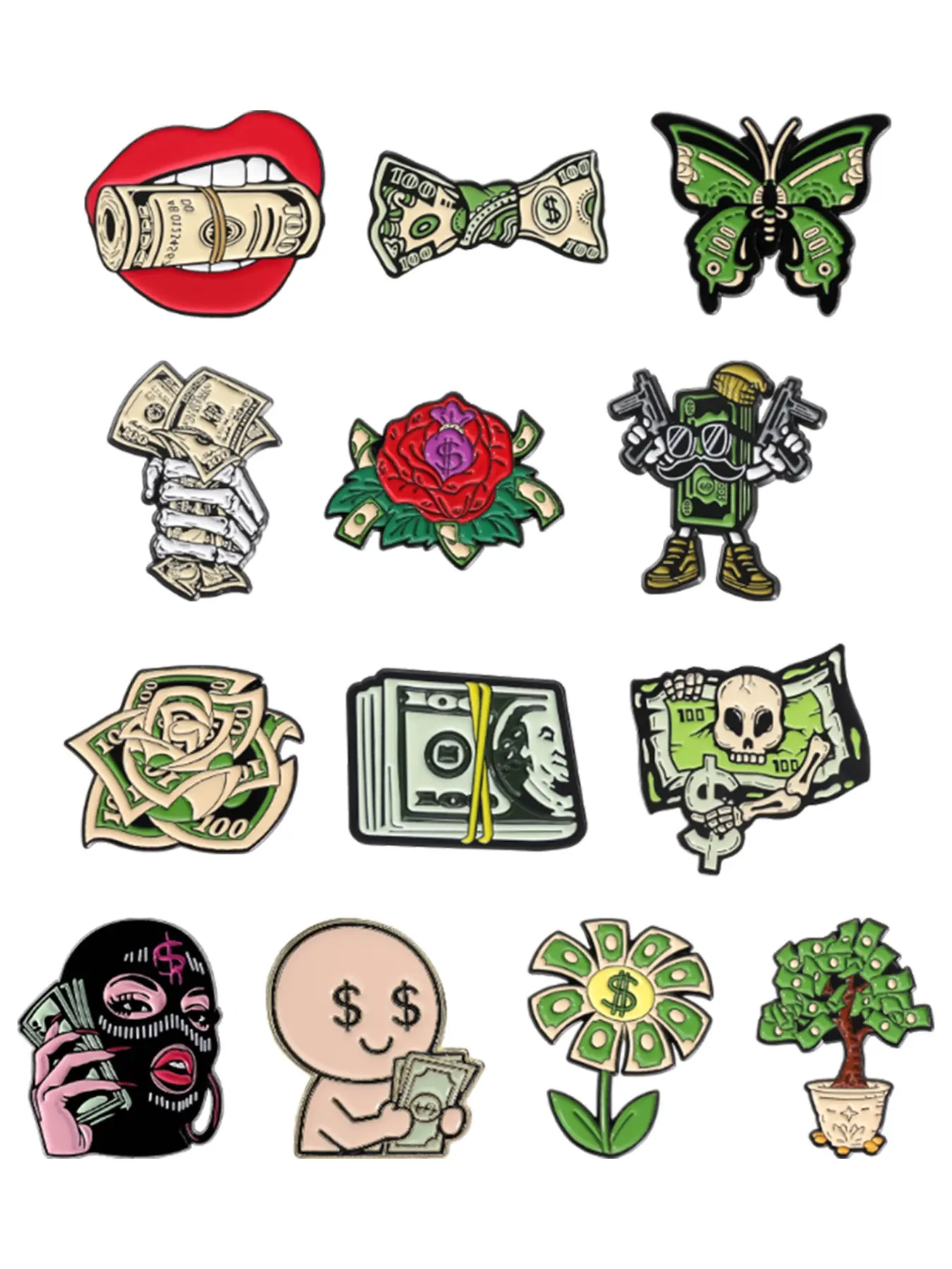 13 Styles Vintage Money Theme Enamel Pin Set, American Street Style Cash Floral Metal Brooch Pins, Gift for Streetwear Fans