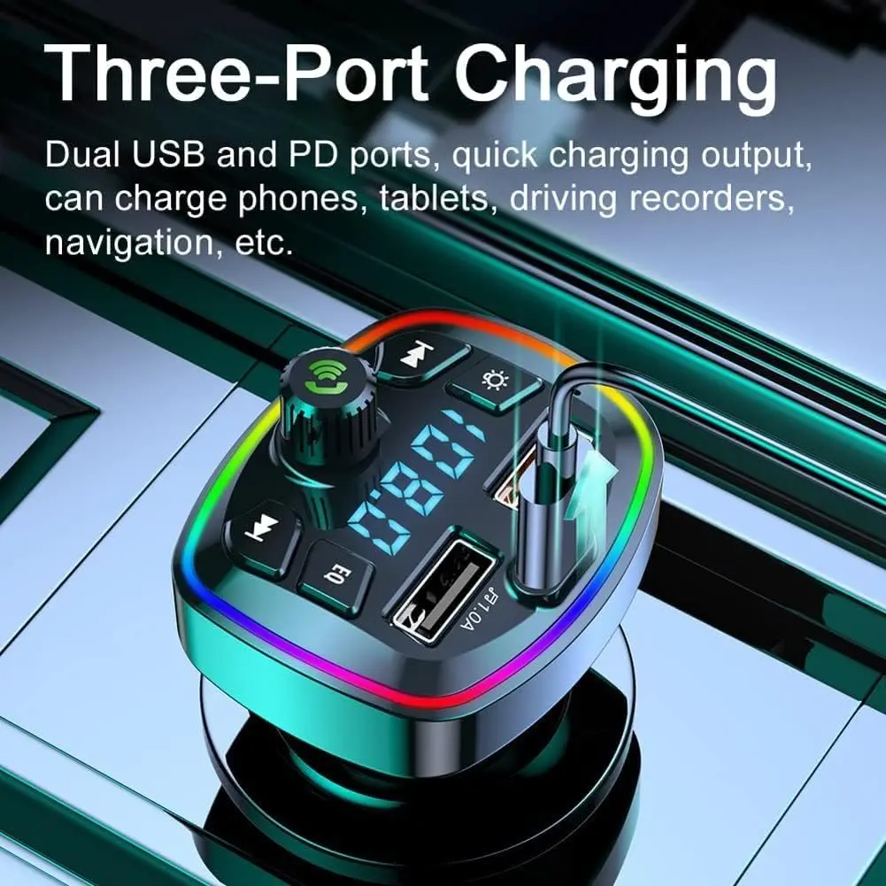 Q7 Bluetooth Car Charger - Dual USB PD Charging, FM Transmitter, MP3 Player - for Road Trips, All 12v/24v Vehicles, SUVs - Made of ABS Plastic, Includes 1 × User Manual, 4.8A