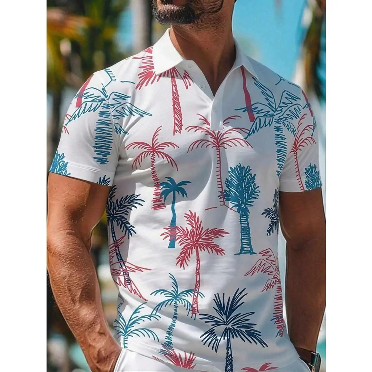 Men's Short-Sleeve Casual Tropical Polo Shirt - Stretch Polyester Fabric, No-Button Design, Multicolor Palm Tree Digital Print