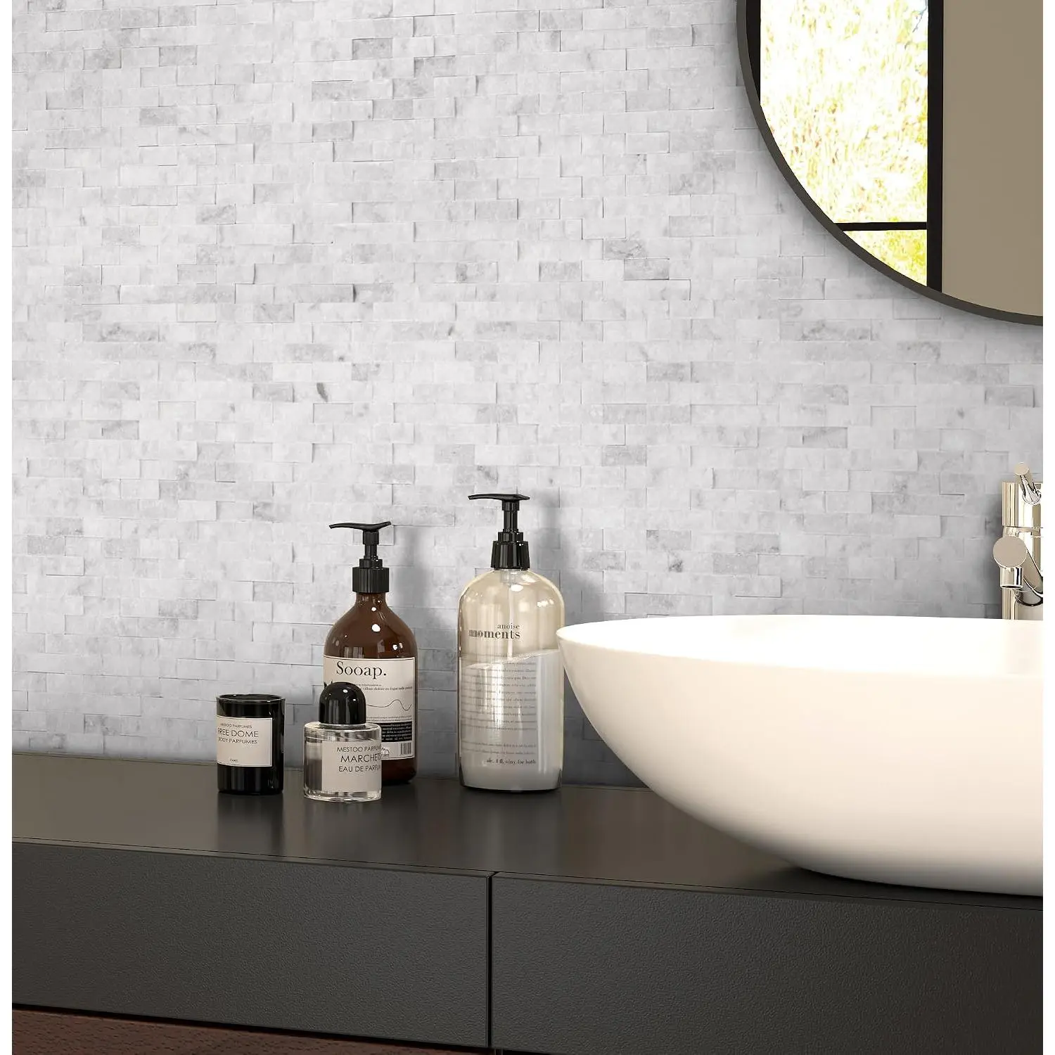 5-Sheet Peel and Stick Mosaic   Stone Self Adhesive Marble Tiles, 10.63" x 11.22" Stick  Backsplash for Kitchen Bathroom Fireplace ,  Gray