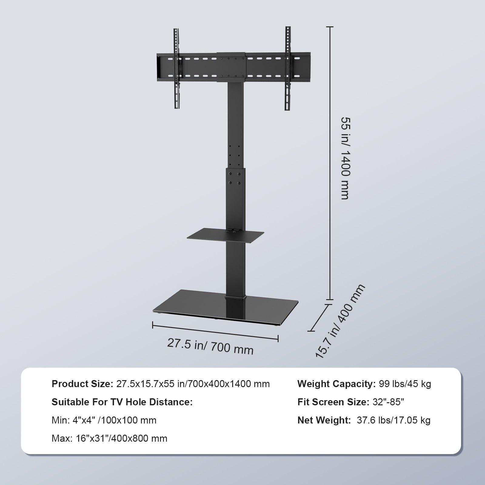 VEVOR TV Stand Mount, Swivel Tall TV Stand for 32 to 85 inch TVs, Height Adjustable Portable Floor TV Stand with Tempered Glass Base for Bedroom, Living Room