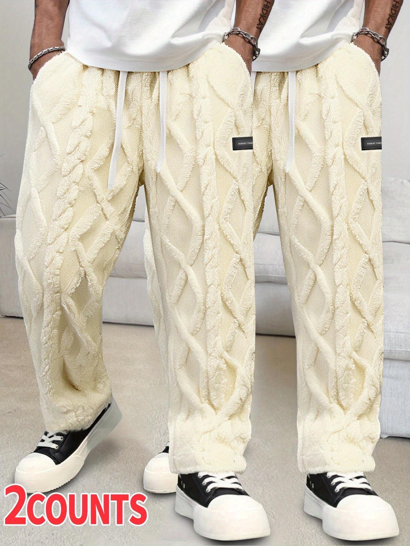 Men's double-sided velvet thickened linen casual pants (2 pieces) Autumn and Winter Plush Loose Leg Warm Home Pants (2-piece Set) Drawstring elastic waist plus plush wide leg pants