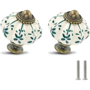 Ivory & Green Pumpkin Knobs 6 Pack Ceramic Cabinet Knobs Vintage Drawer Pulls - Antique Dresser Pulls with Screws - Green Flower