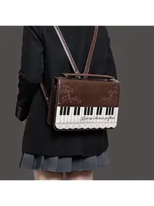 Vintage Piano Bag for Women, Gothic Grunge Grandmacore Handbag, Brown Artificial Leather Top Handle Purse with Lace Trim and Music Note Embroidery, Y2K Aesthetic Crossbody Shoulder Bag
