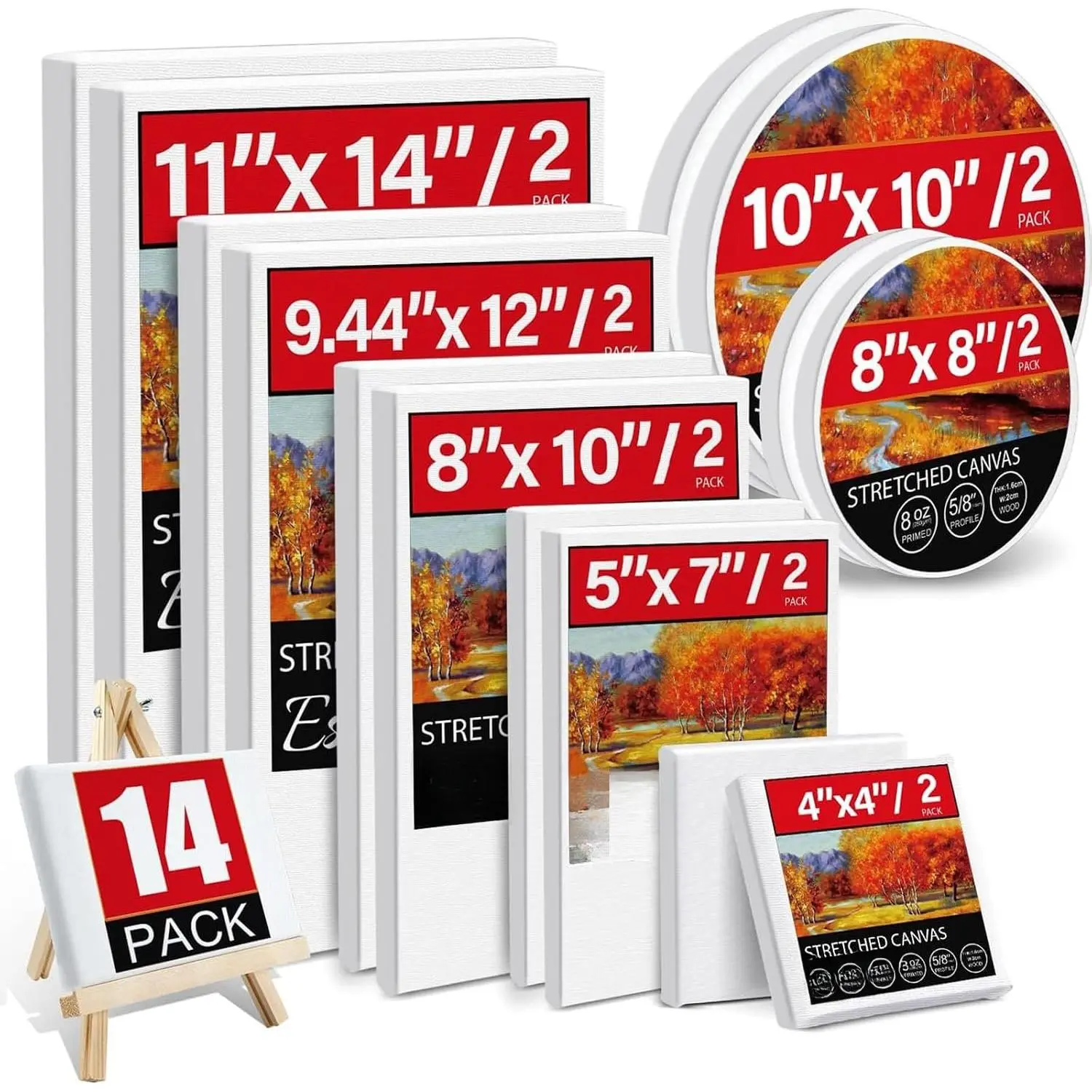 14 Packs Stretched Canvases for Painting, Multi Pack 11x14, 9.44x12, 8x10, 5x7, 4x4, Round Canvas with 8x8,10x10(2 of Each), Blank Primed Canvas, for Oil ,  , for Beginners, Artists.