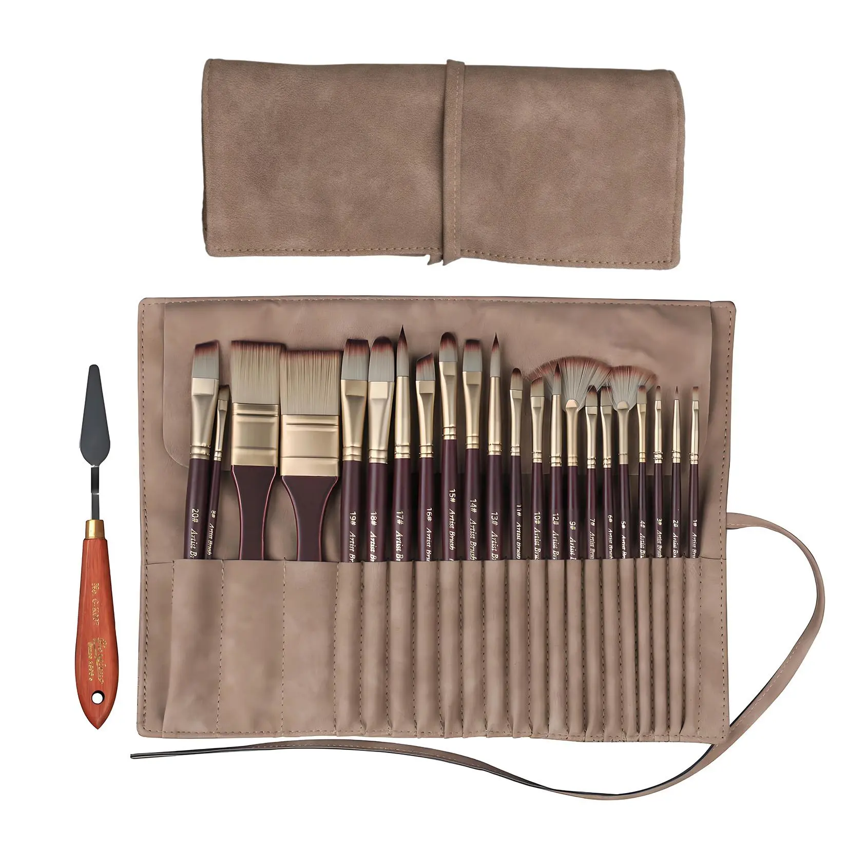 24 Pcs Professional Artist Paint Brush Set (23x10x5cm) - Wood Handle, Aluminum Ferrule, Premium Nylon Bristles, Anti-Shedding, Accurate Control, Compact Packaging, for Acrylic Oil Watercolor Gouache, Canvas Crafts, Gift for Beginners & Pros, Brown, Ergono