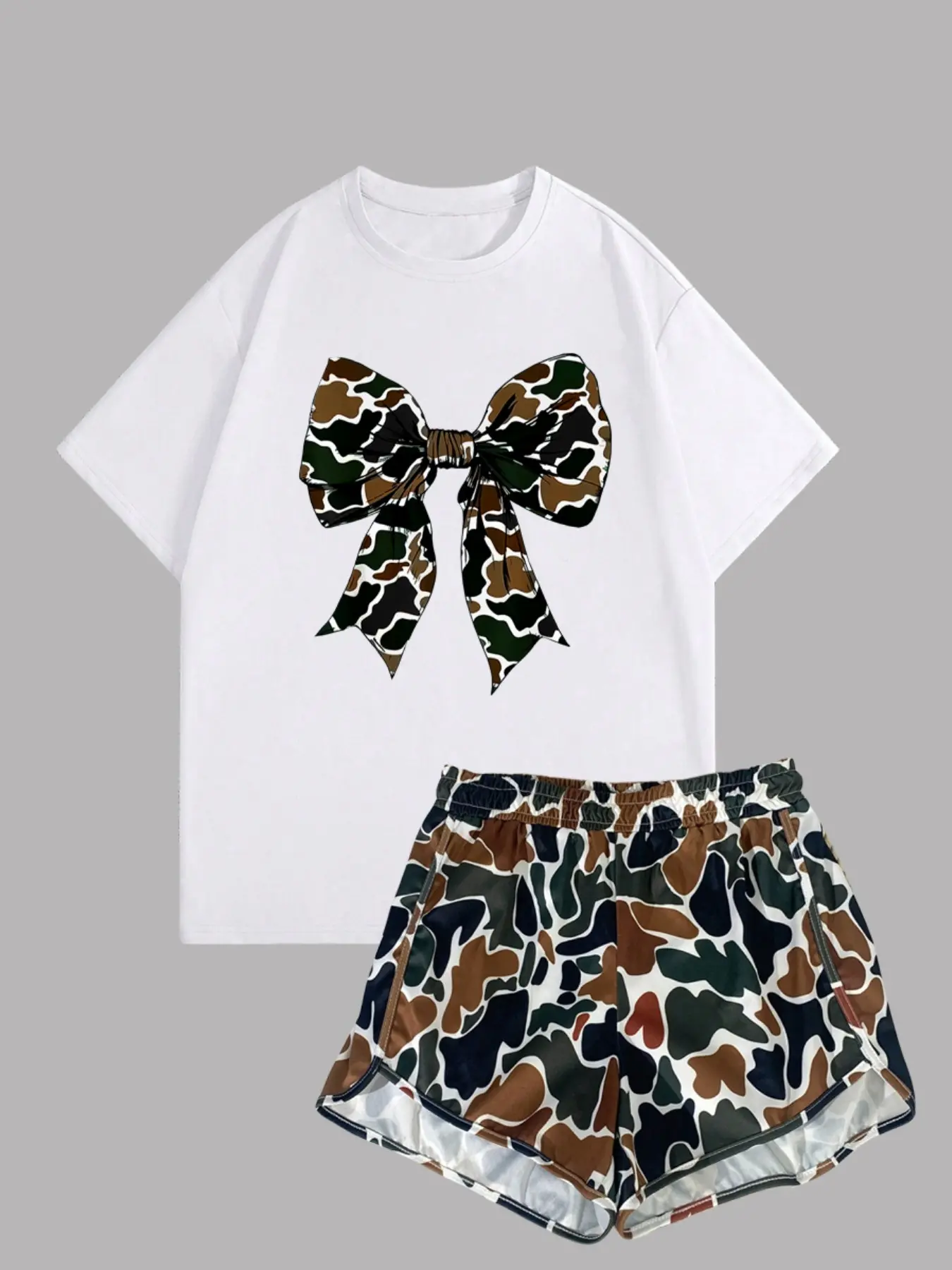 Women's Summer Casual Round Neck Short Sleeve Camouflage T-Shirt and Gym Shorts Set, 2-Piece Clothes