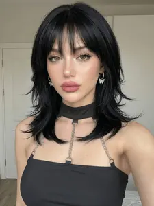14inch Black Wolf Cut Wig with Bangs for Women, Synthetic Layered Shag Wig with Wispy Bangs, Natural Looking Mid-Length Heat Resistant Hair for Daily Party Use