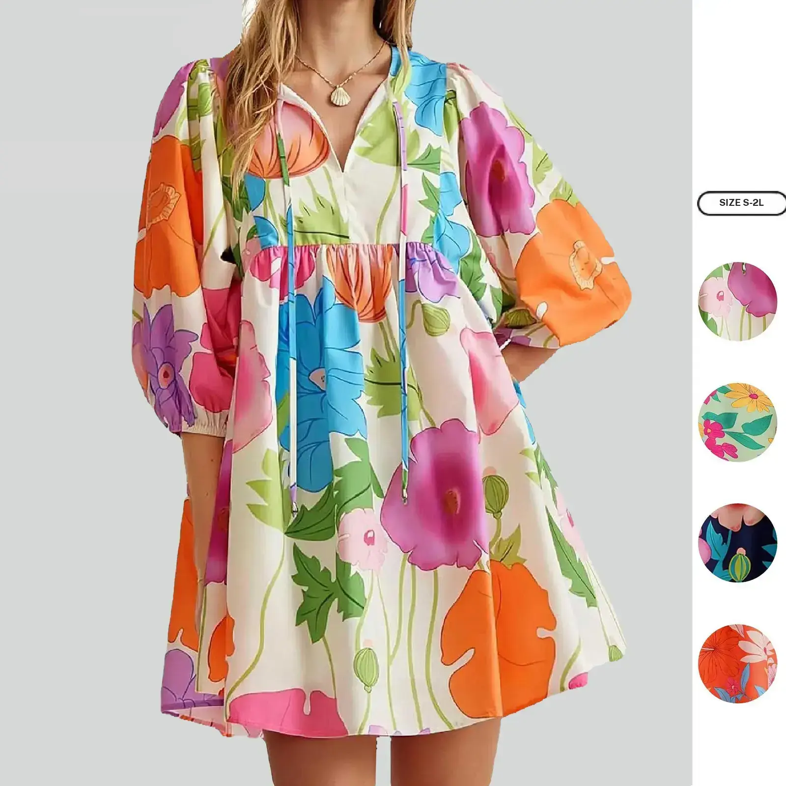 Imily Bela Women's 2026 Summer Floral Babydoll Mini Dress, V neck Puff Sleeve Dress with Pockets, Classic Comfortable Loose Fit Boho Beach Sundress