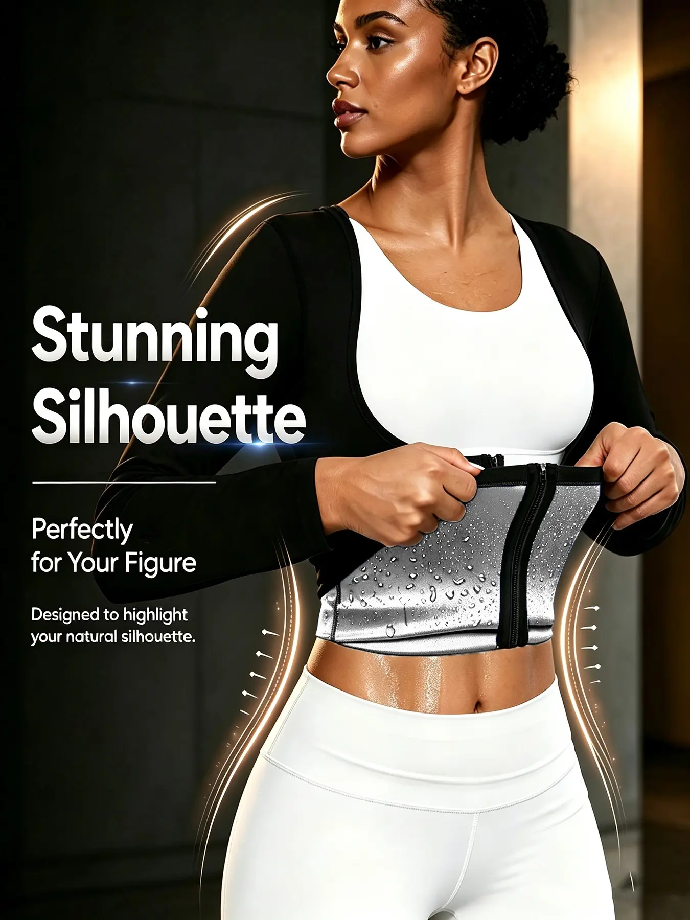 Women's Solid Long Sleeve Zip Up Sauna Top, Open Bust Tummy Control Training Sports Top, Workout Gym Exercise Clothing for Women