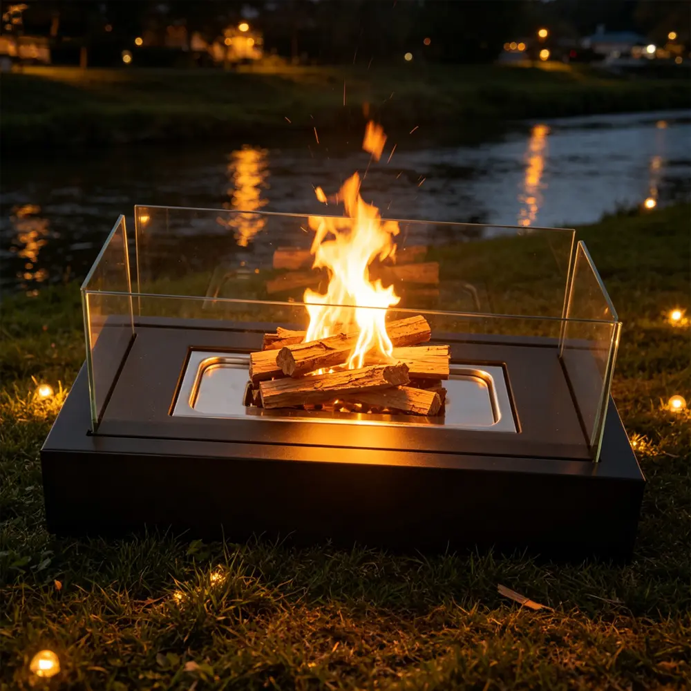 Portable Ventless Tabletop Fireplace Modern Indoor Fire Pit with Safety Glass & Ceramic Log, Housewarming & Anniversary Gift for Couples