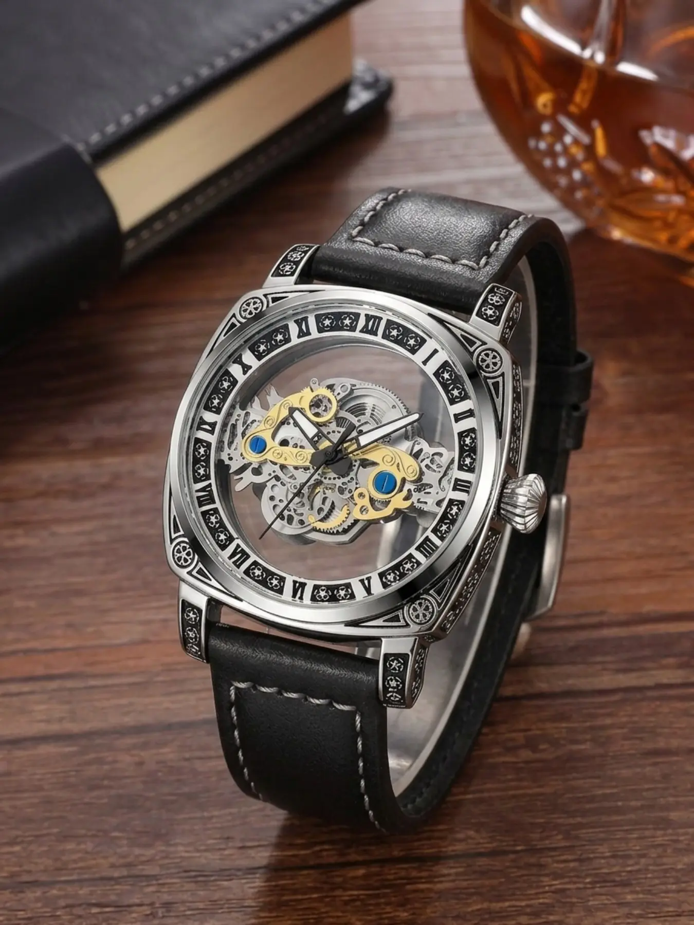 Men's Silver Leather Strap Hollow Out Transparent Automatic Mechanical Watch, High-End Business Casual Trendy Men's Wristwatch