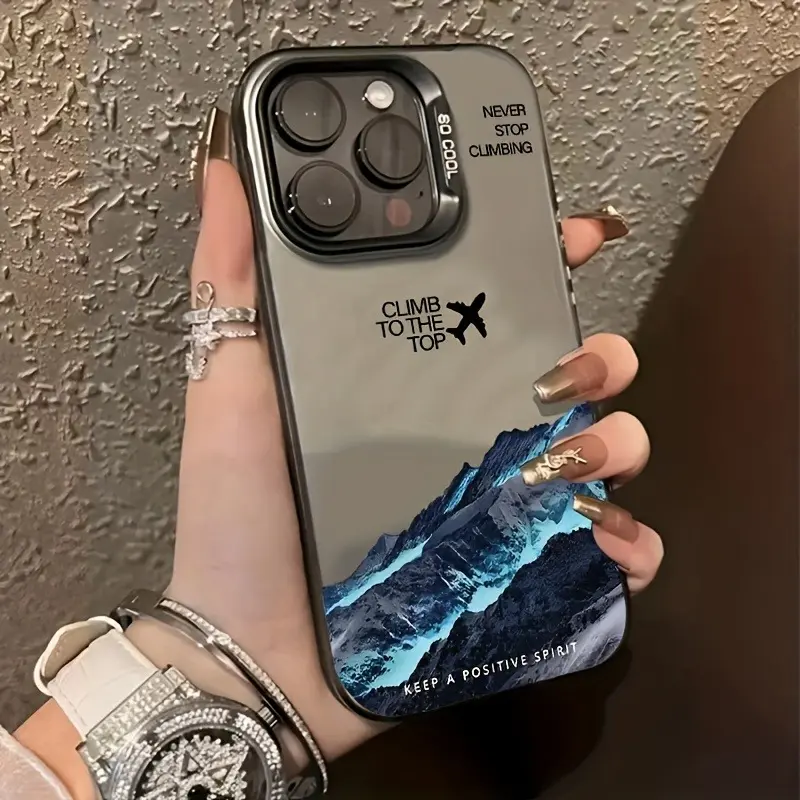 Phone Case - 1pc Black Mountain And Airplane with English Pattern Black And White Phone Case Energetic Laser Large Hole Trendy Protective Case for Iphone 16 15 14 13 12 11 Pro Max 14 Plus 15 Plus 12 Mini 13 Mini X XR XS Max 7 8 7P 8P Series Fashion