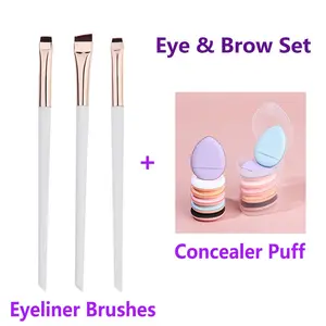 New 3-piece blade-style eyeliner brush set with 6 mini concealer puffs, portable flat-head eyebrow brush for brow contouring and makeup tools