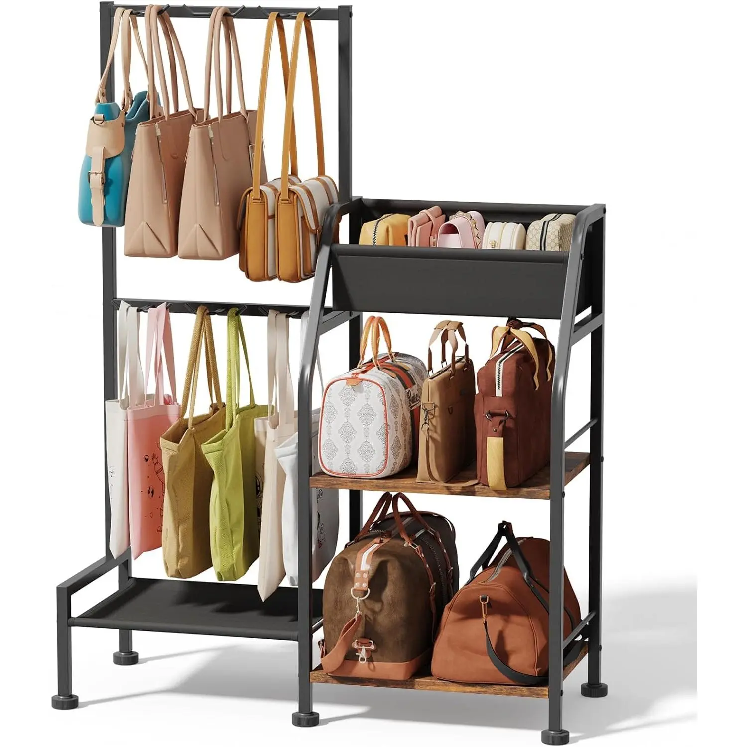 Purse Organizer for Closet - Purse Rack Stand with 12 Hooks, 2 Wooden Shelves Purse Storage for Closet, Large Capacity Backpack Storage, Handbag Organizer for , Living Room, Black