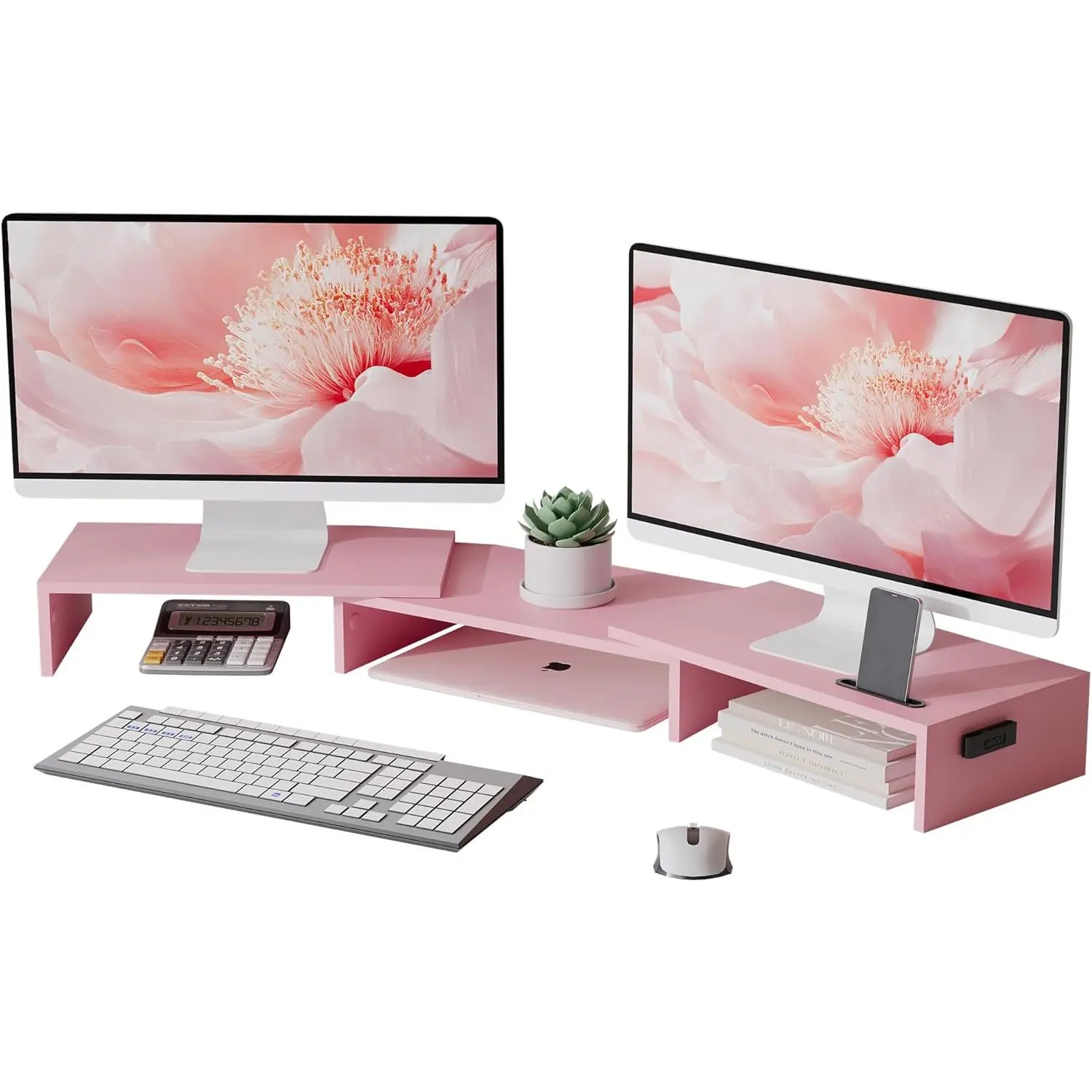 Ergonomic Height Adjustable Pink Wood Frame Dual Monitor Riser with Smartphone Holder, Anti-Skid, Quick Setup, Office Desk Accessories, Desktop Organizer for PC/Laptop, Large Storage