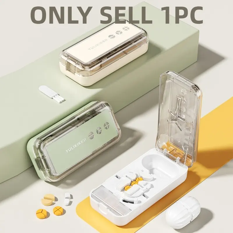 Portable Travel Three-In-One Pill Crusher Storage Box, Hidden Safety Blade, Adjustable Slots, Rotating Capsule Grinder, Washable Container