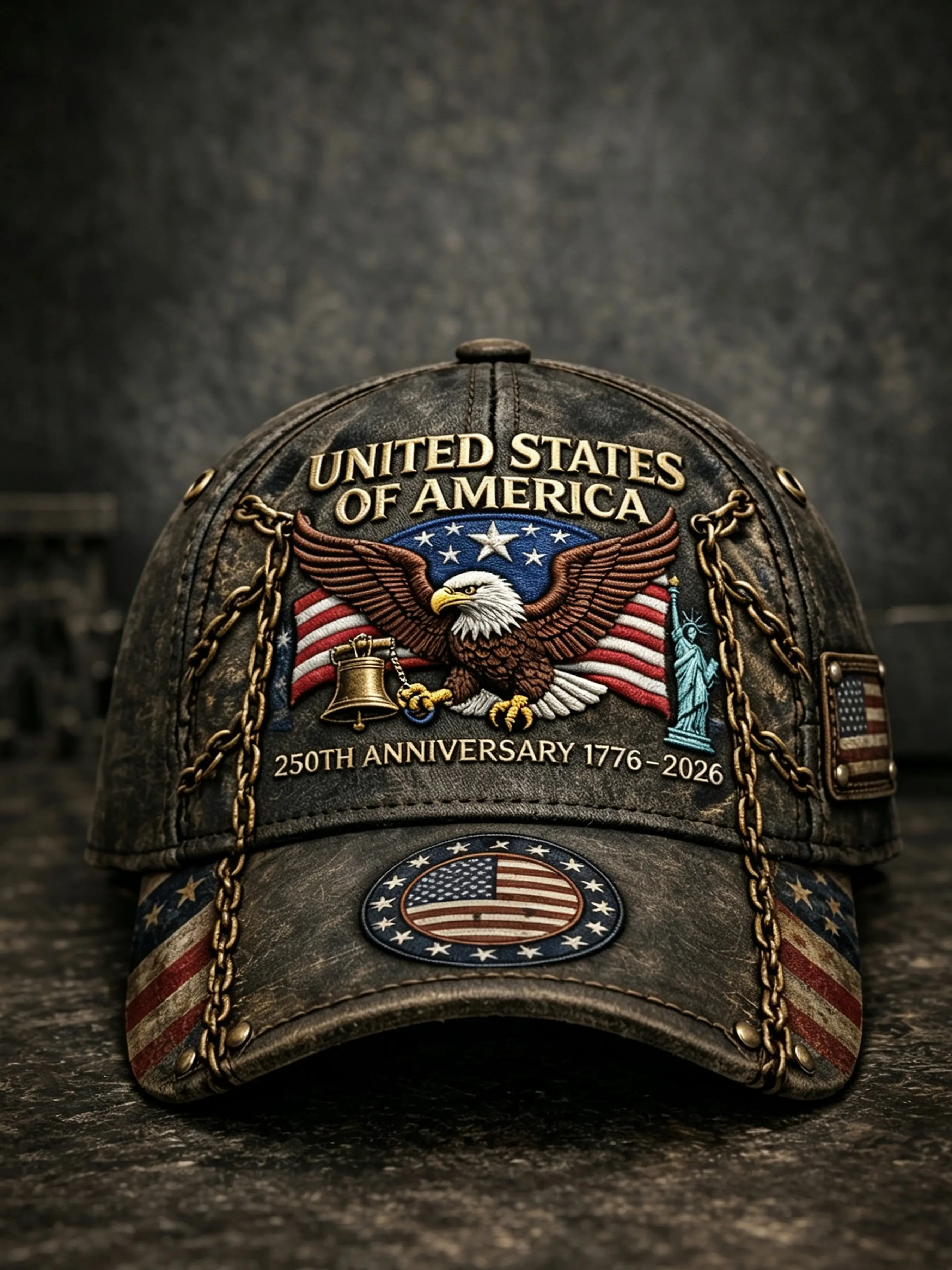 Classic Retro American 250th Anniversary Baseball Hat, Leather Patriotic Cap with Flag and Liberty Bell Print, Adjustable, Unisex, Casual Wear