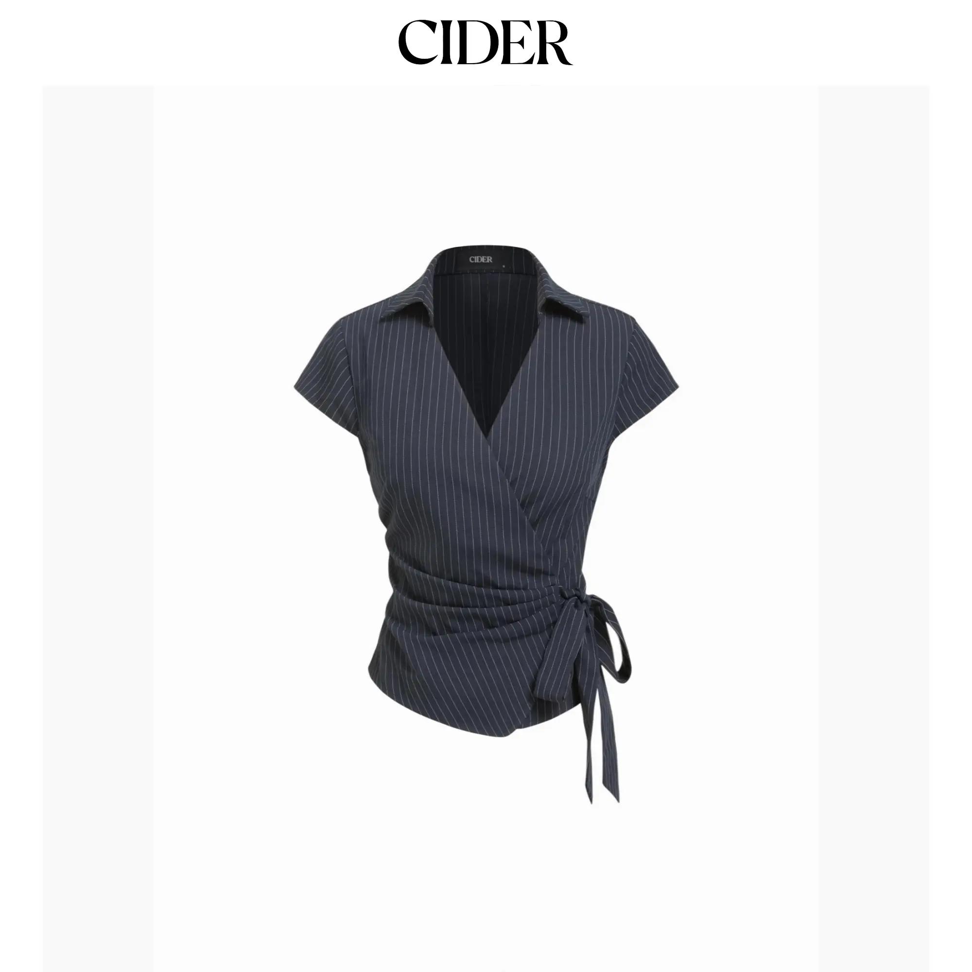 Cider Cotton-blend Polo Neck Stripe Knotted Blouse