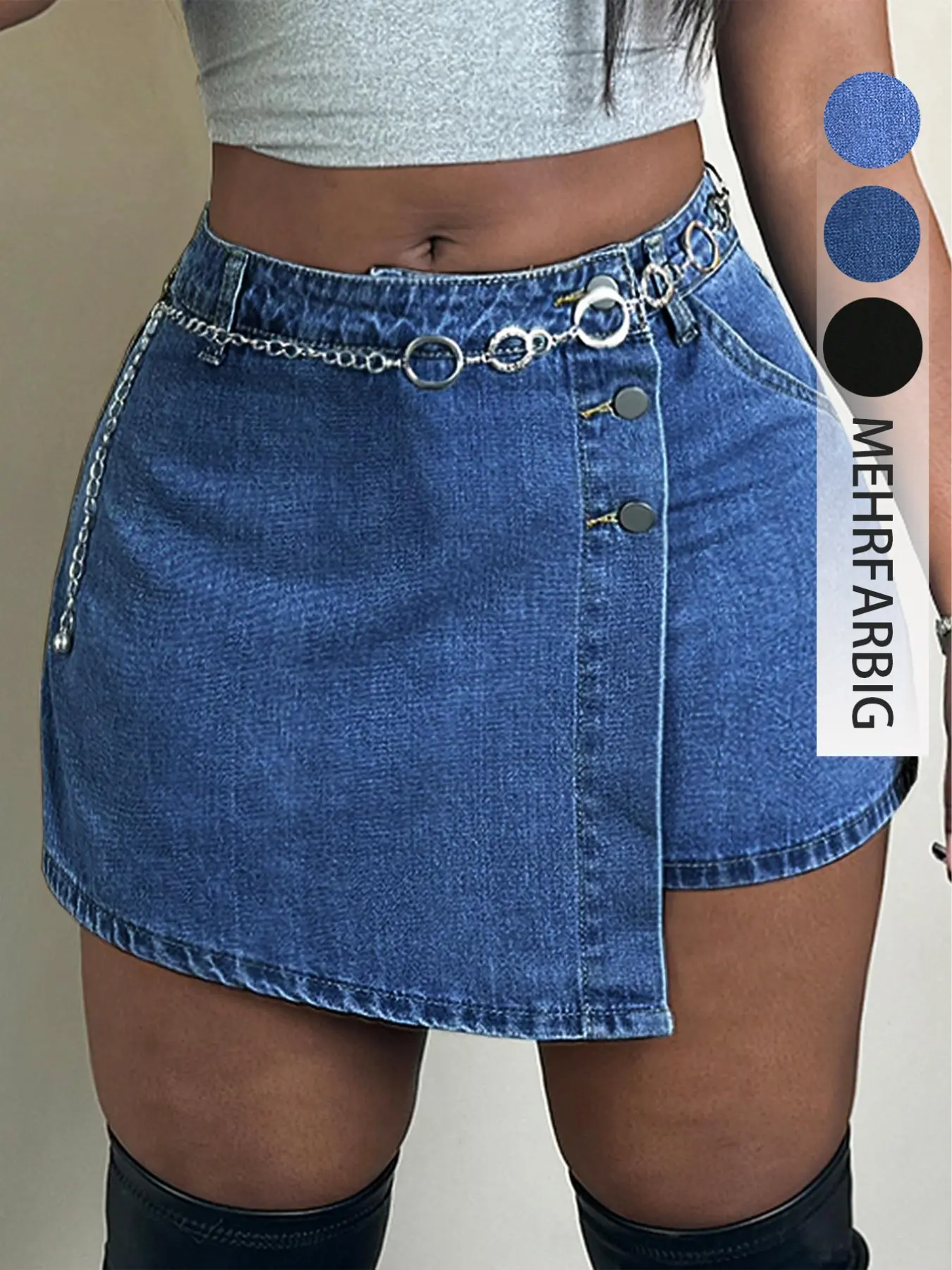 Women's Solid Color Button Fly Denim Skort, Asymmetrical Hem Skort for Daily Wear, Ladies Bottoms for Spring & Summer, Womenswear