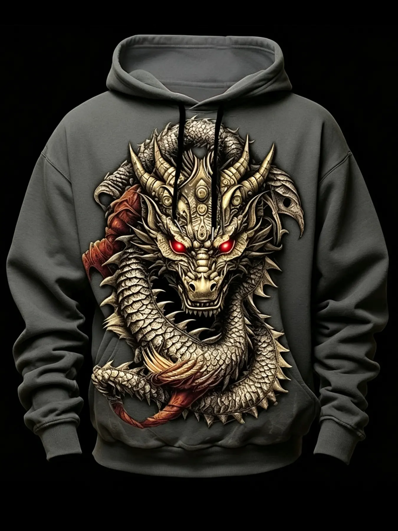 Retro Three-dimensional Coiling Dragon 3D Printed Grey Men's Loose Hoodie