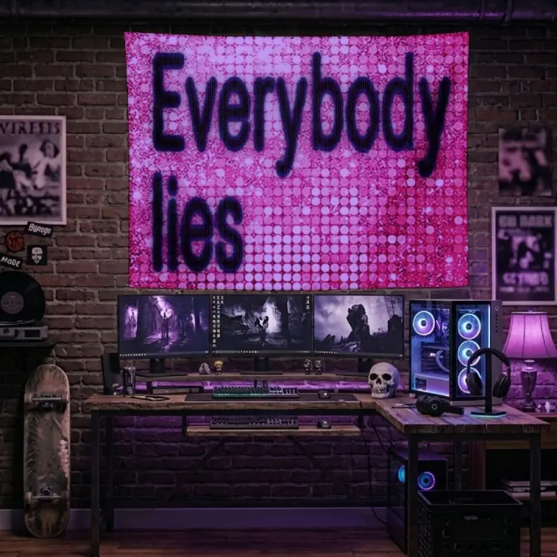 Everybody Lies Pink Glitter Tapestry Y2K Sparkle Glitz Bold Typography Wall Hanging Sarcastic Quote Funny Meme Aesthetic Bedroom Teen Girl Room Decor Living Room Wall Decor Dorm Background Banner