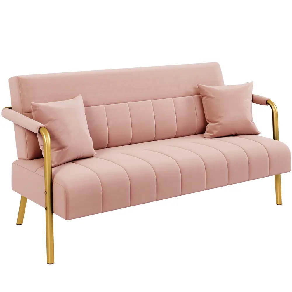 Velvet Fabric Sofa Couch, 56.5″ W Modern Loveseat Couch with Gold-tone Metal Arms, Legs & 2 Pillows, Sofa for Living Room, Bedroom Furniture